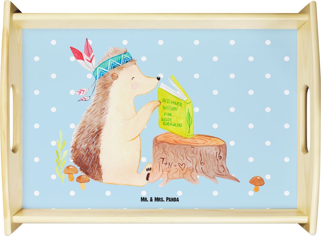Mr. & Mrs. Panda Tablett Igel Federschmuck - Blau Pastell - Geschenk, Sofa, sofatablett, Indianer, Serviertablett, Abenteuer, Dekotablett, Tiere, S...