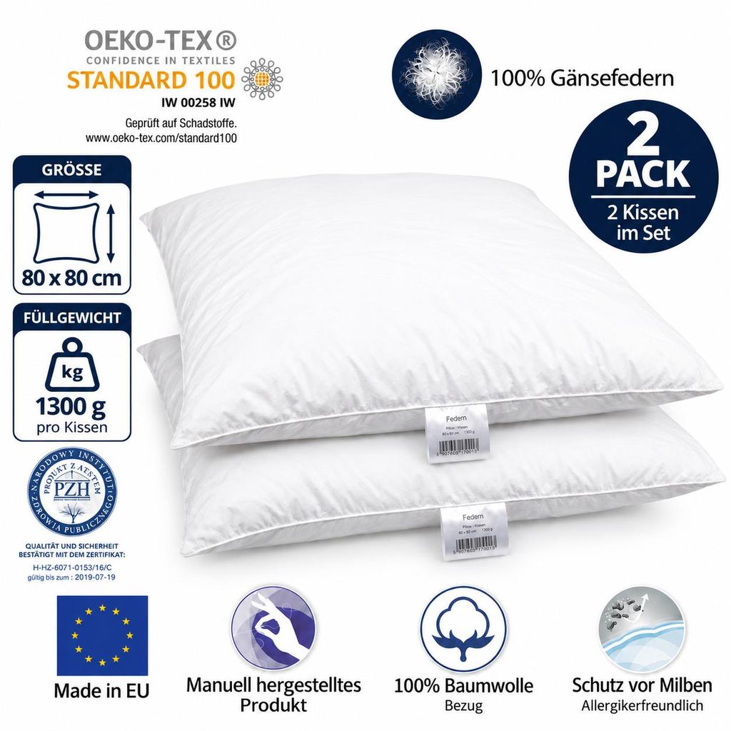 2er Set Federkissen 80x80 cm 1000 Gramm – Kopfkissen mit Produktbild 