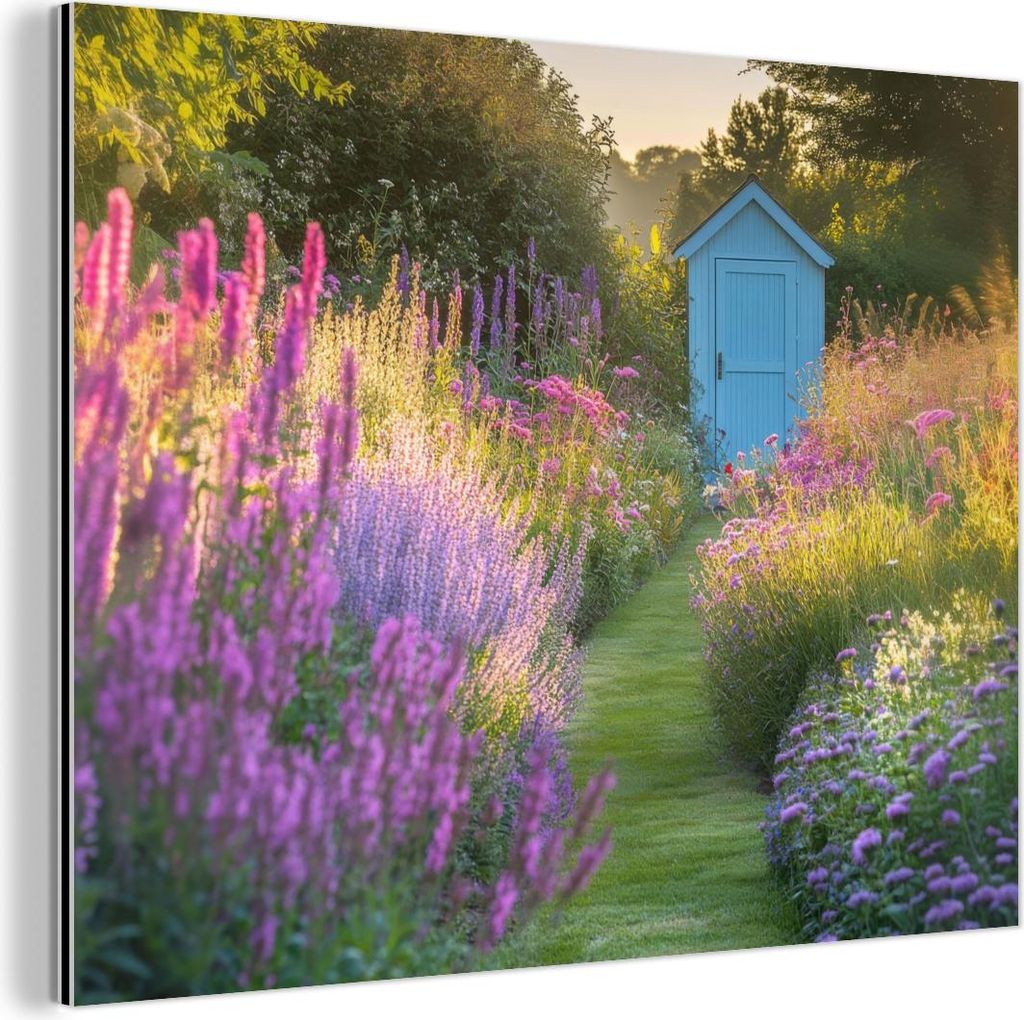 MuchoWow Wanddekoration Metall Metallbild Wandkunst 40x30 cm Gartenhaus - Blau - Blumen MuchoWow Aluminium Gemälde - Dekoration Wohnzimmer