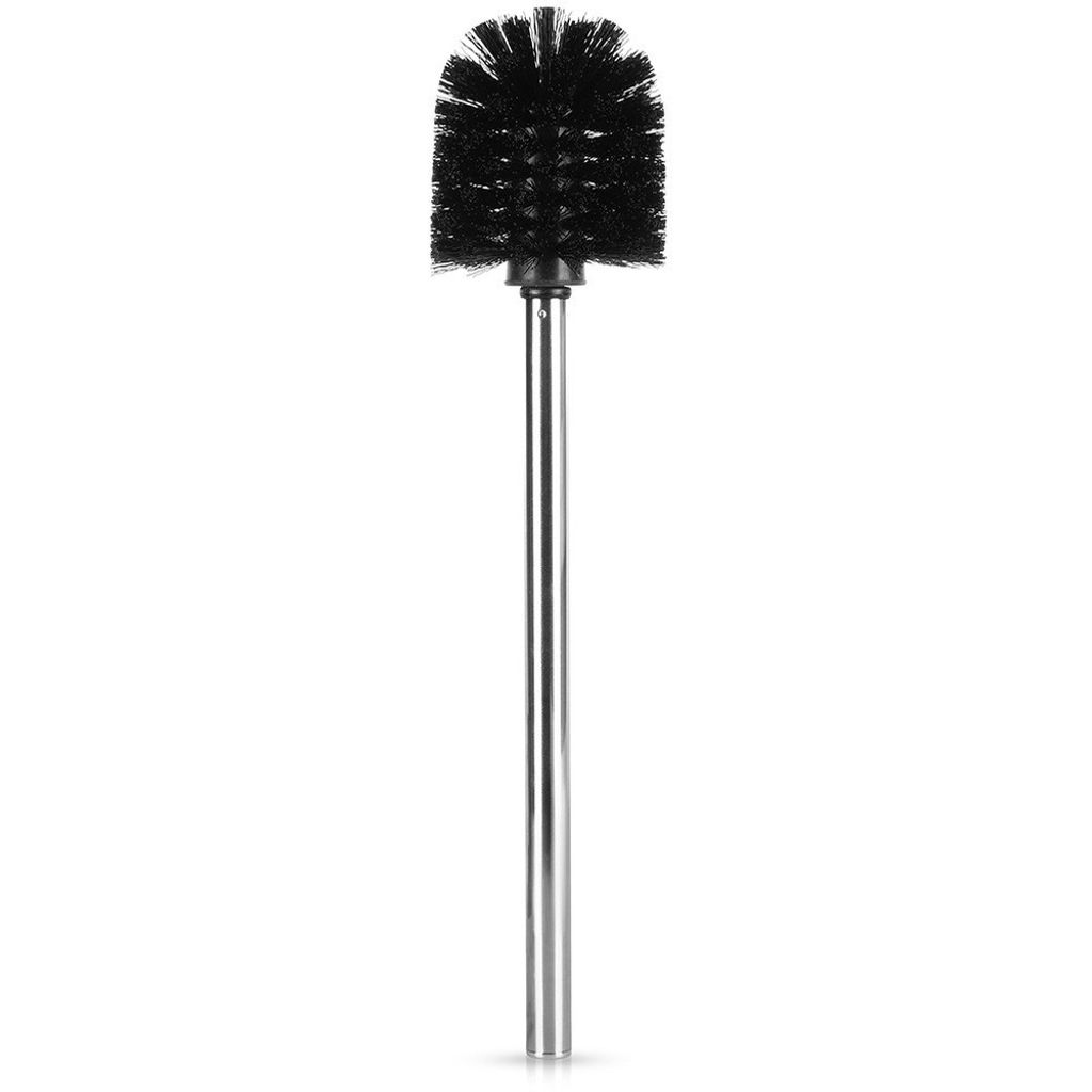 A black toilet brush with a silver handle against a white background.