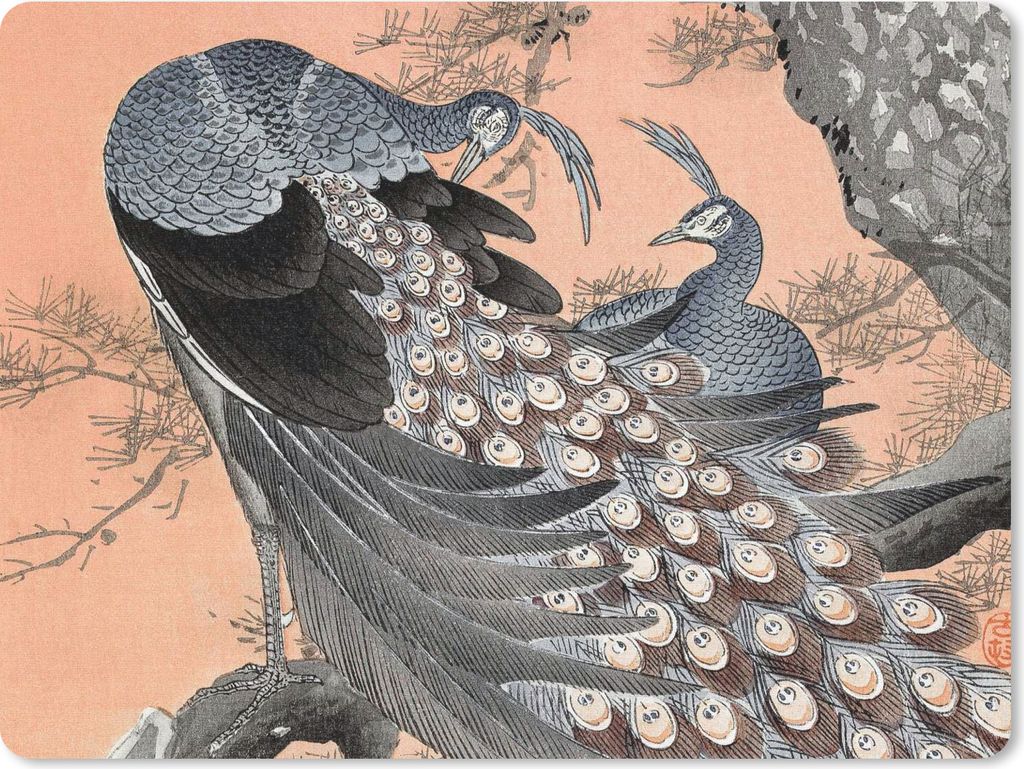 MuchoWow Mauspad Mousepad Federn - Pfau - Vintage - Japanisch 23x19 cm - Mousepads - Maus Mat - Pad - Mausunterlage - Schreibtischunterlage - Mau...