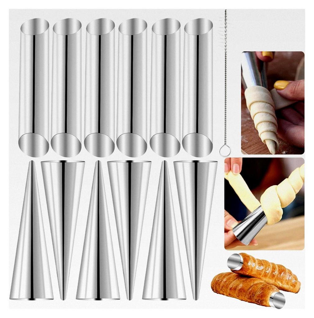 Edelstahl Schaumrollenformen Set – 25-teiliges Backzubehör mit 12 Kegel- und 12 Röhrenformen, inklusive Reinigungsbürste – Antihaftformen f...