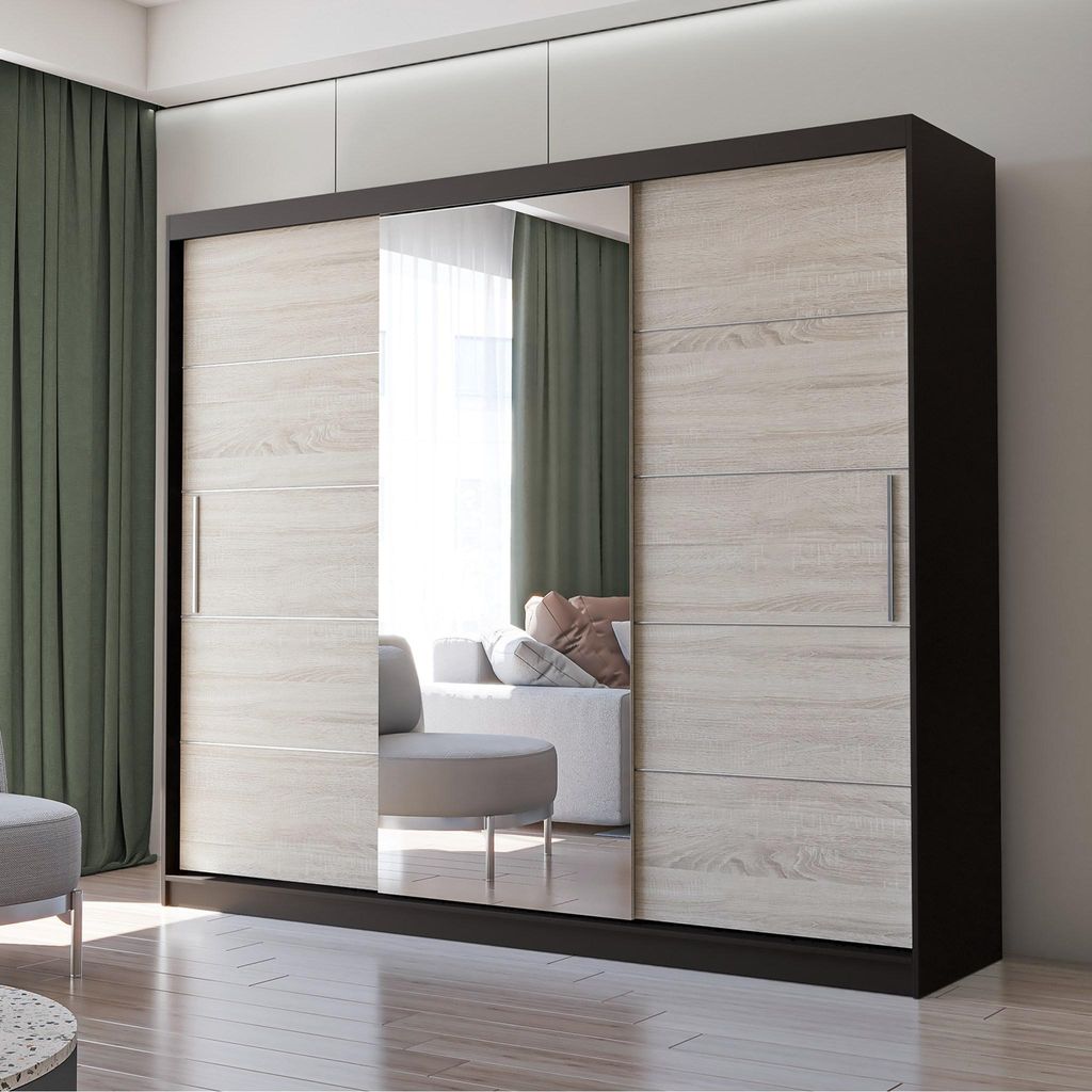 A modern sliding door wardrobe with mirrored doors, reflecting a living room setting.