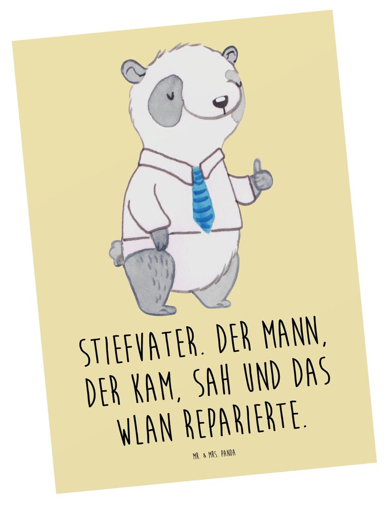 Mr. & Mrs. Panda Grußkarte Stiefvater Held - Gelb Pastell - Geschenk, Technik, Freude, Fotokarte, Jubiläen, Stiefkinder, Familie Verwandte, Ansic...