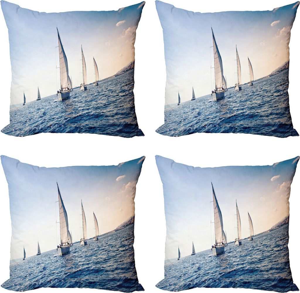 ABAKUHAUS Nautisch Kissenbezug Set (4 Stück), Racing Sport Segel, Moderner Doppelseitiger Digitaldruck, 40 cm x 40 cm, Blau Weiss