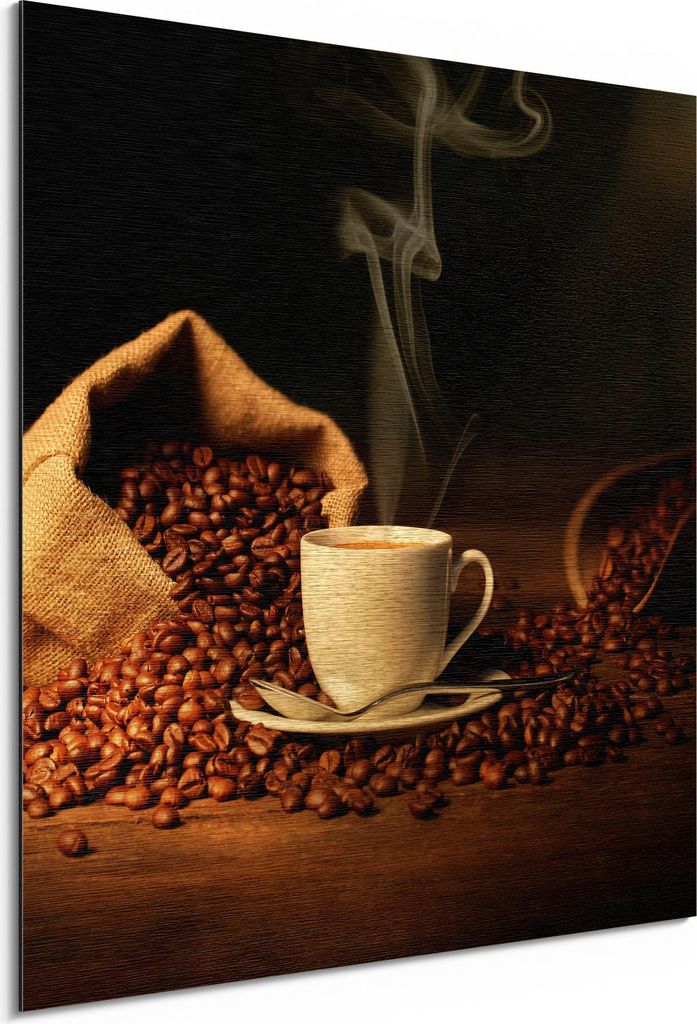 DEQORI Alu-Dibond Bild Gold 50x50 cm 'Kaffeetasse mit Bohnen' Wandbild Metall dünn Design