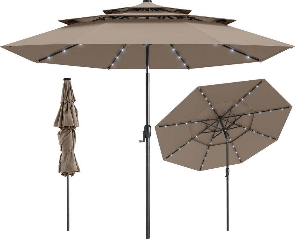 313 x 248 CM Sonnenschirm ohne Ständer, wetterfester Terrassenschirm mit Sonnenschutzdach, 32 LED-Leuchten und Solarpanels, kippbarem Schirmdach,B...