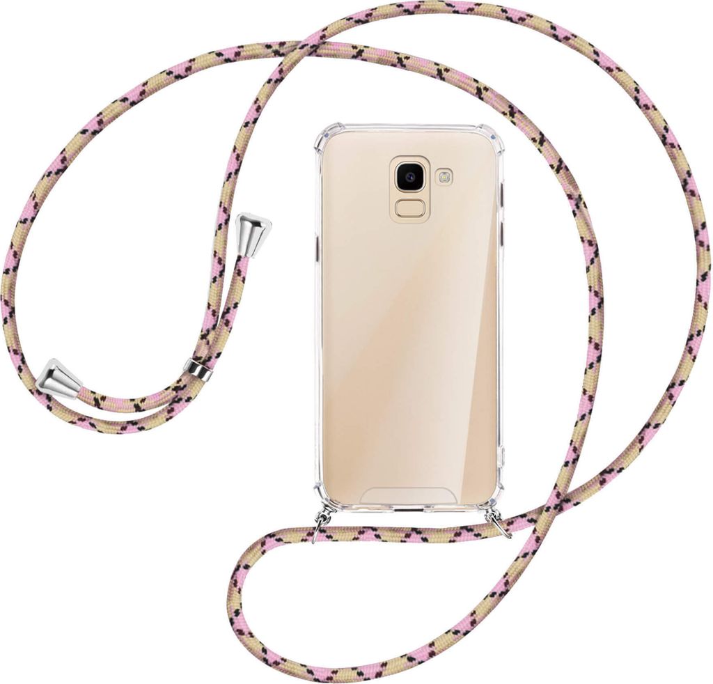 Handykette Backcover-Schutzhülle mit Band (Metall silberfarben) für Samsung Galaxy J6 2018 - rosa Karo