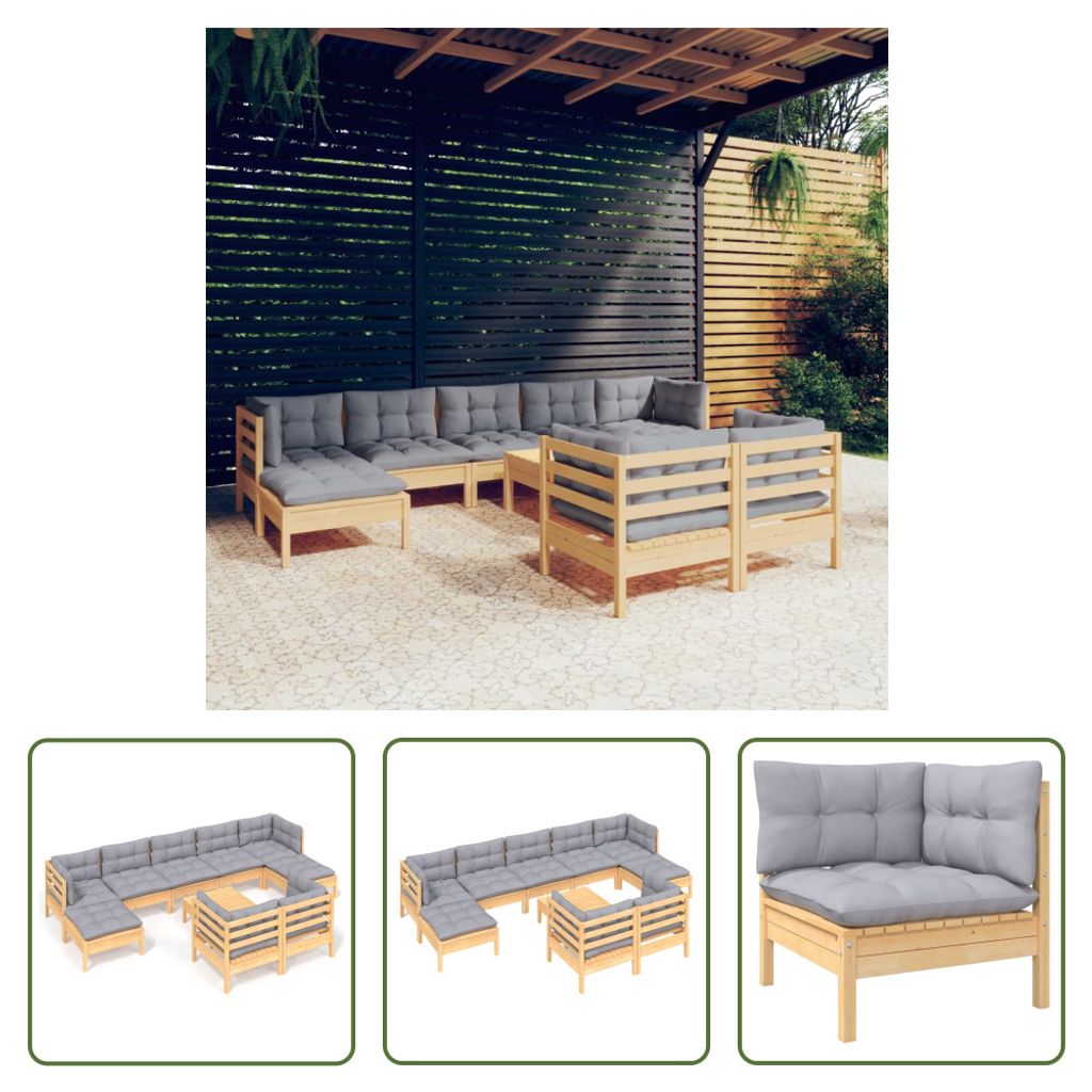 The Living Store 10-tlg. Garten-Lounge-Set mit Grauen Kissen Kiefer Massivholz