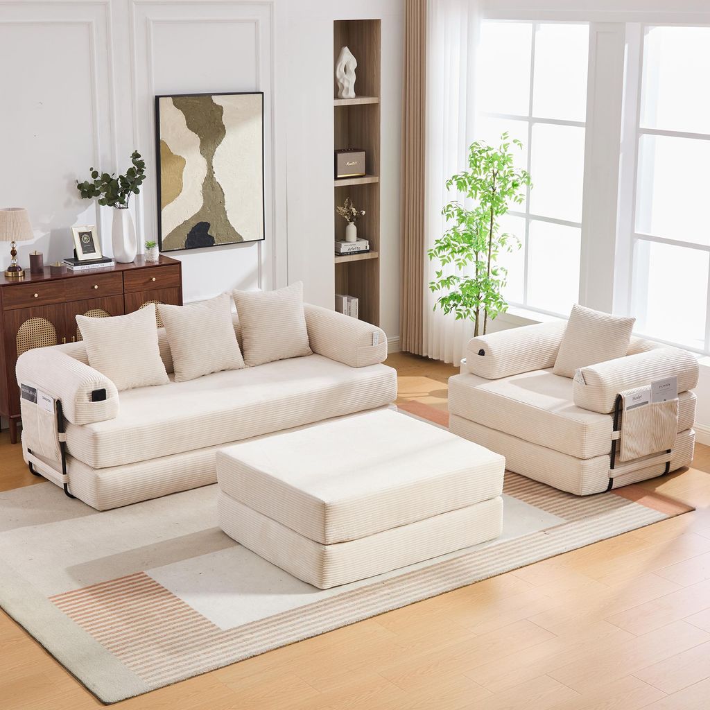 Modulares 4-Sitzer Cord-Kompressionssofa mit Hocker Couch-Set Metallrahmen Lounge-Sofa Wohnlandschaft inklusive Seitentasche und 4 Kissen flexibel