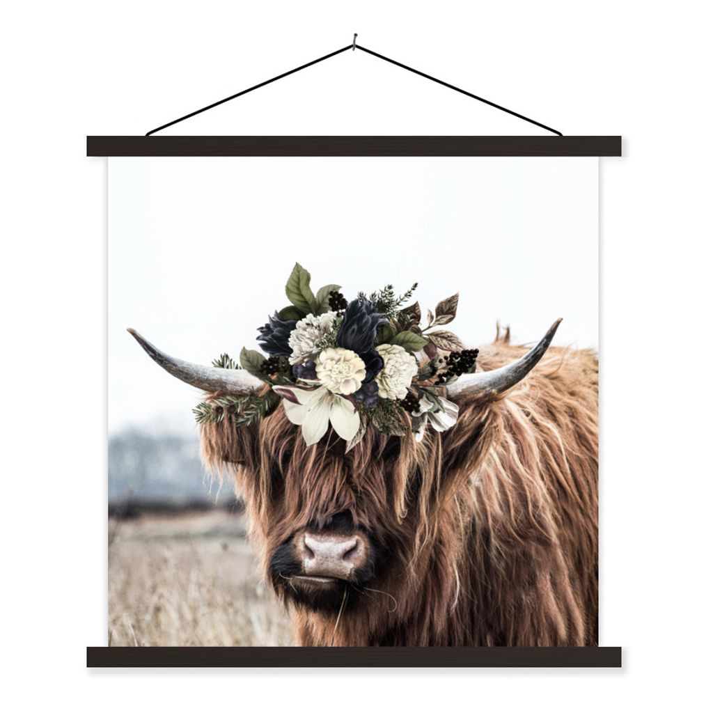 MuchoWow Textilposter Schottischer Highlander - Blätter 120x120 cm mit schwarzem Rahmen - Aufhängungsset