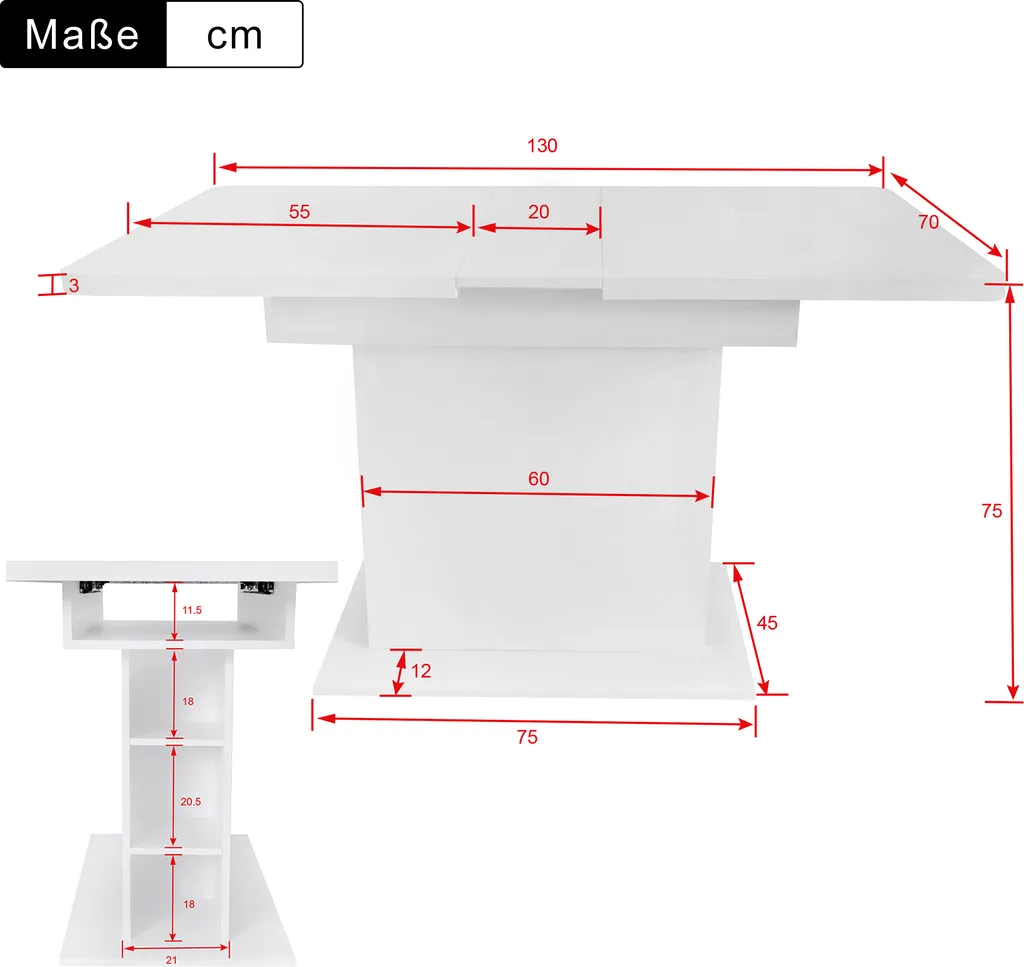 Table de salle à manger 130x70 cm extensible blanche idéale petits espaces - 5