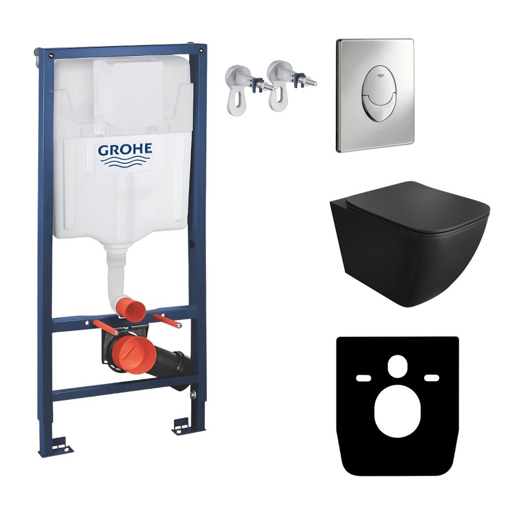 GROHE Vorwandelement Solido Start + Wand Hänge WC Onil Schwarz Spülrandlos + WC-Sitz SoftClose | Verchromter Knopf | Komplettset | Unterputz Spü...