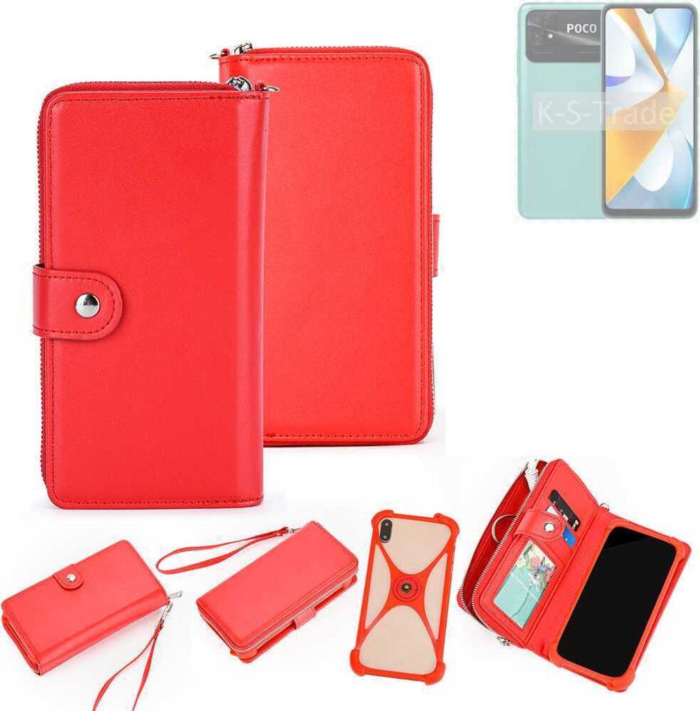 K-S-Trade 2in1 Schutzhülle Portemonnee Handyhülle mit Bumper kompatibel mit POCO C40 Hülle Case Etui Geldbörse Smartphone rot (1x)
