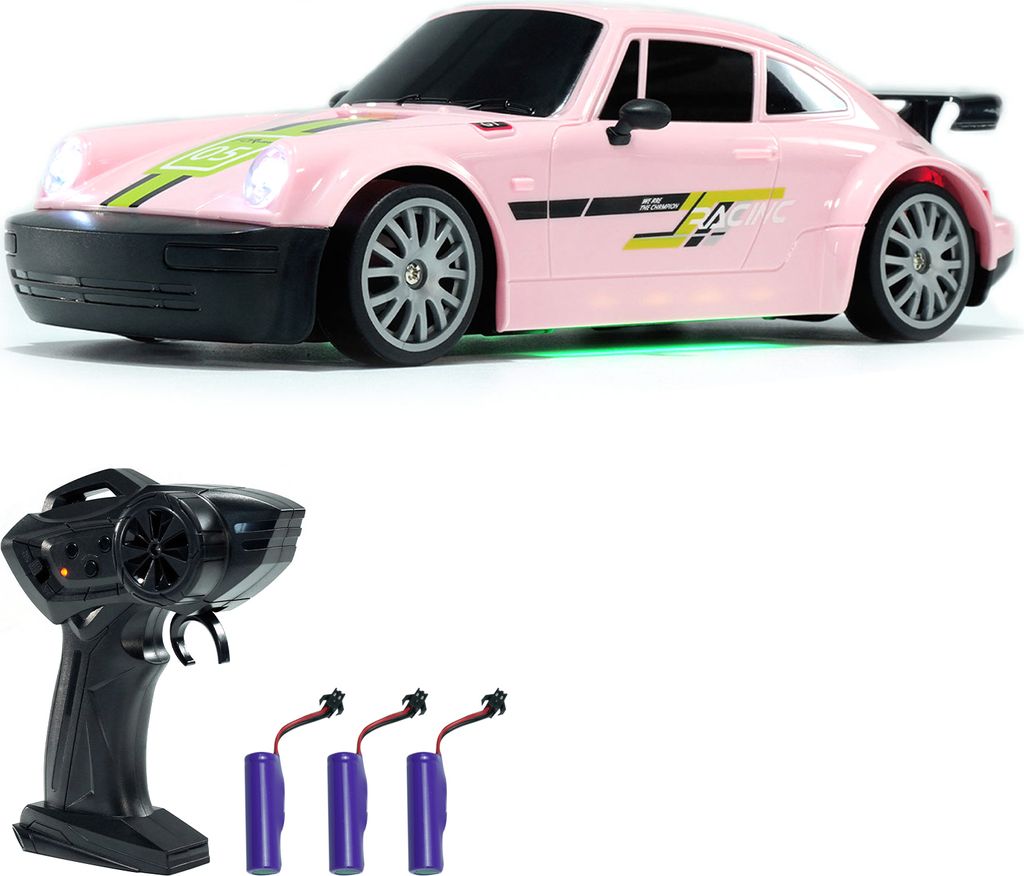 Ferngesteuertes Drift-Auto, 1:20, 4WD, elektrisches Spielzeugauto, 2,4G, wiederaufladbares RCAuto mit Lichtern, Geschenke fuer Kinder,3 Batterien,Rosa