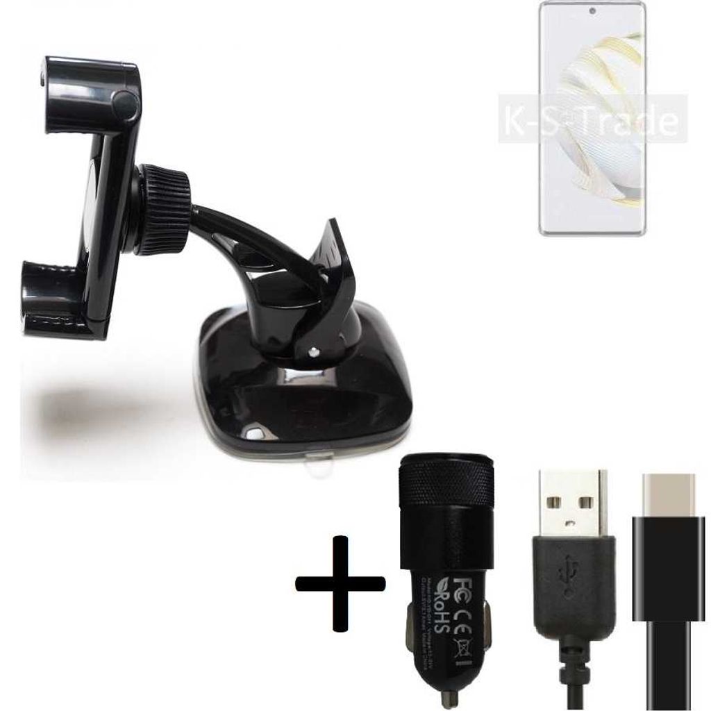 K-S-Trade Handy-Halterung kompatibel mit Huawei nova 10 Windschutzscheibe / Armaturenbrett + LADEGERÄT mit Mico USB Kabel Autohalterung