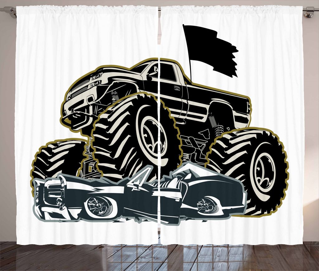 ABAKUHAUS Monster Truck Rustikaler Gardine, Rubber Tire Car, Schlafzimmer Kräuselband Vorhang mit Schlaufen und Haken, 280 x 245 cm, Anthrazit gra...