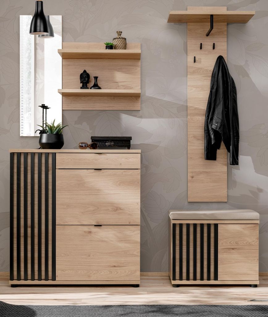 Garderobe Set 4-teilig "Collin" in Jackson Eiche und schwarz Garderobenkombination mit 3-D Lamellen, inklusive Sitzkissen