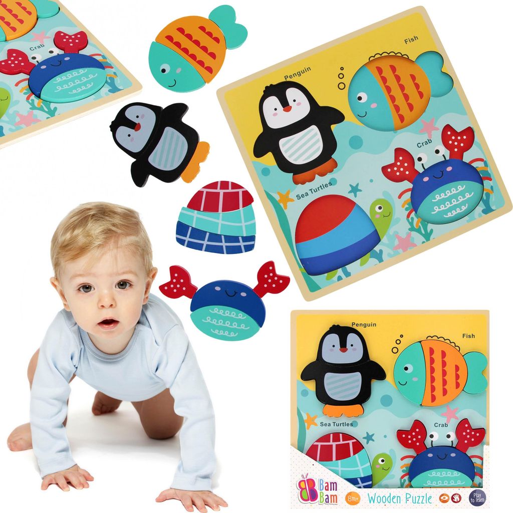 HOLZ puzzle für Kinder, Lernpuzzle, GROßE Teile, 4 Puzzles Ozean 8m+ Bam Bam