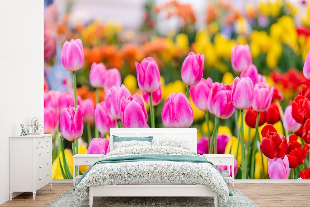 MuchoWow Fototapete für Wohnzimmer oder Schlafzimmer Wandtapete Vinyl Motivtapete Tulpen - Farben - Frühling - 600x400 cm - Vinyltapeten