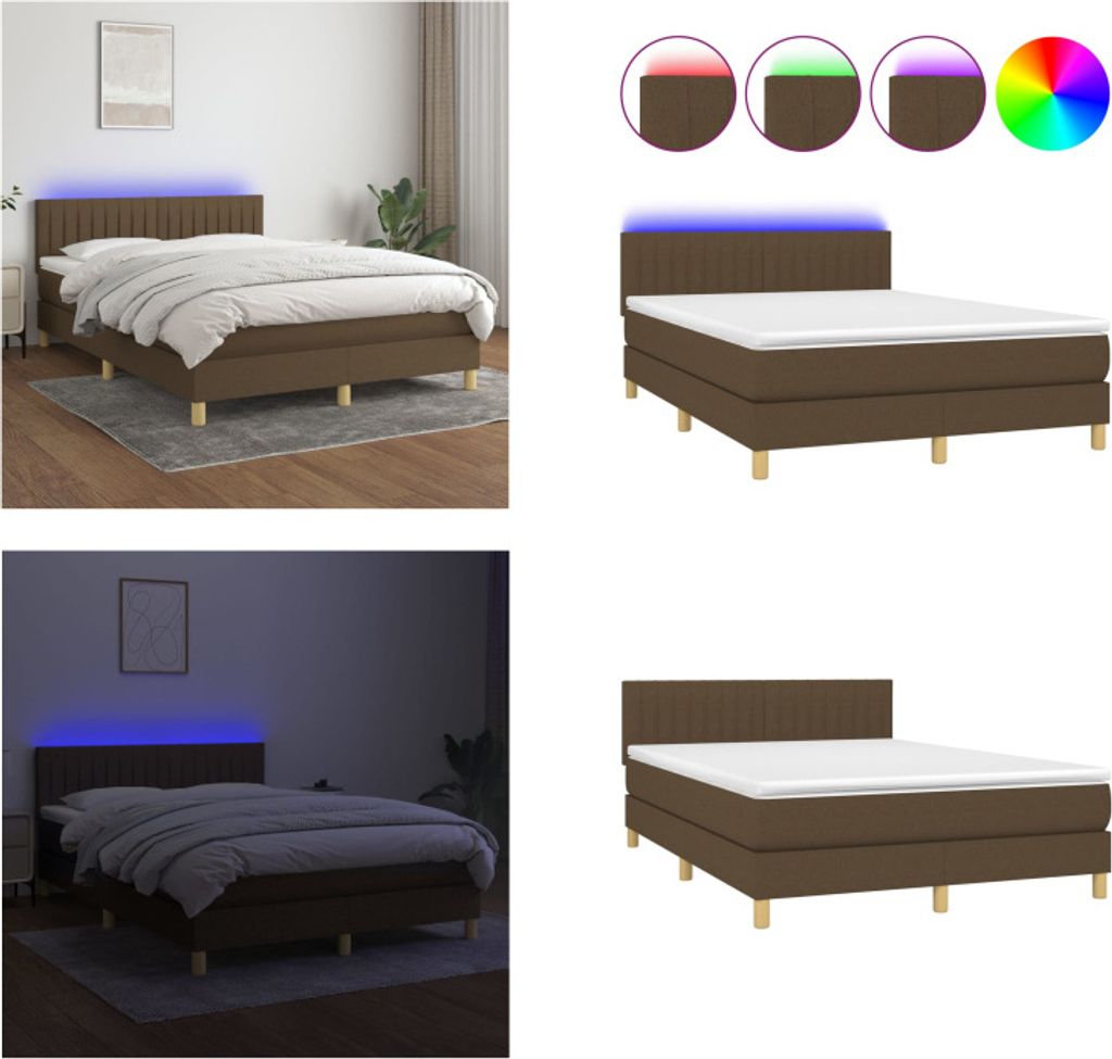 vidaXL Boxspringbett mit Matratze & LED Dunkelbraun 140x200 cm Stoff - Boxspringbett - Boxspringbetten - Bett - Schlafzimmermöbel
