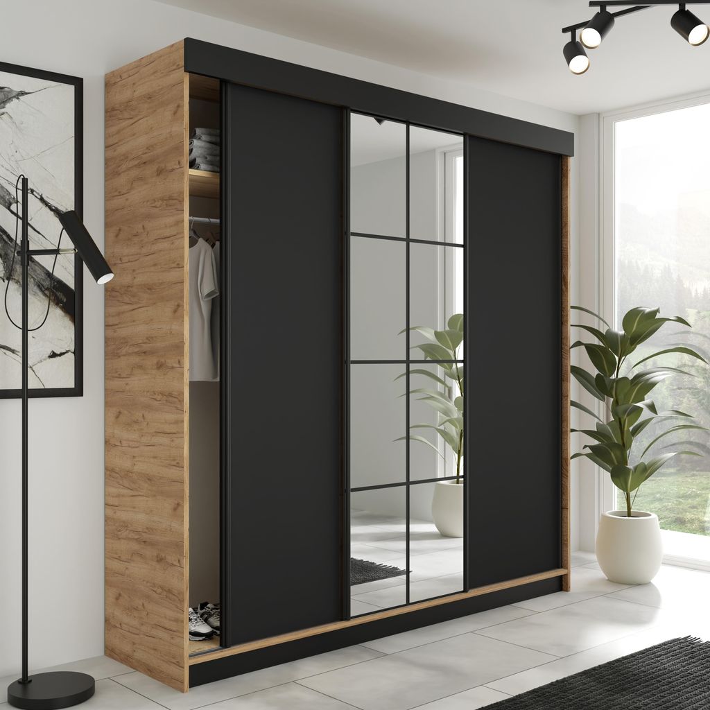 FurMeb24 3-türiger Schiebetürenschrank LAMER 200x205 cm Kleiderschrank mit Spiegel (goldene Eiche + Schwarz)