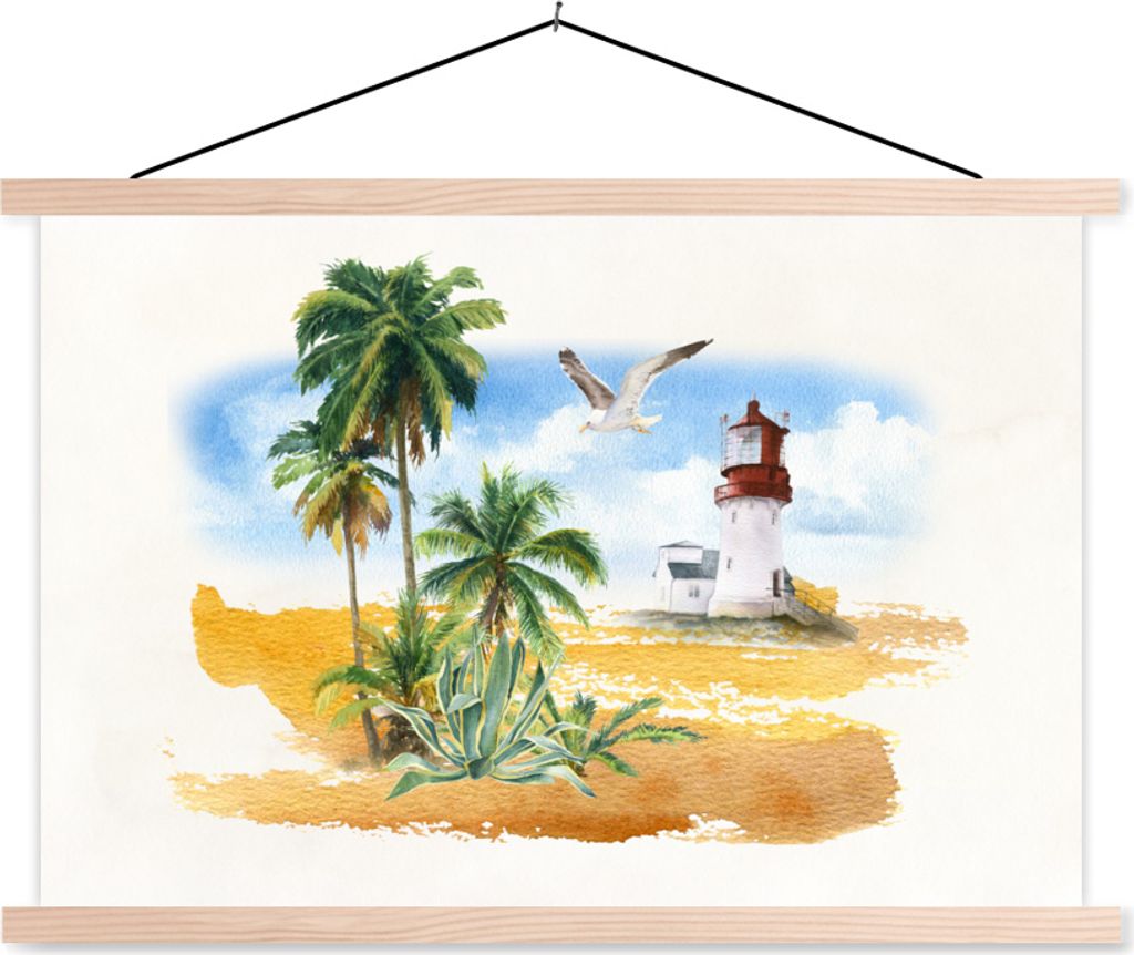 MuchoWow Textilposter Leuchtturm - Palme - Strand 60x40 cm mit holzfarbenen Rahmen - Bilder