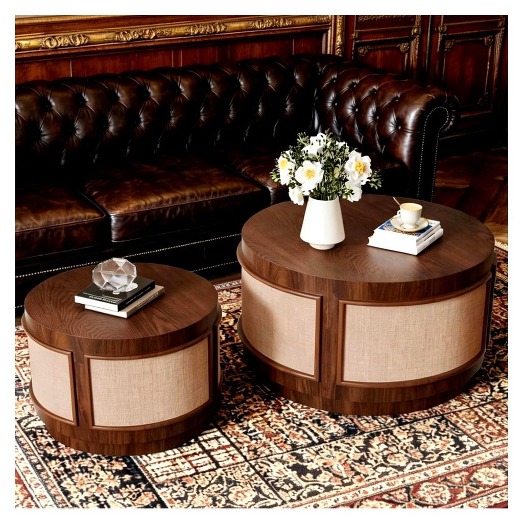 Rundes Satztisch-Set 2er, 26 Zoll Moderne Holz Couchtische aus Geriffeltem für Wohnzimmer Runder Verschachtelter Beistelltisch für Kleine Räume