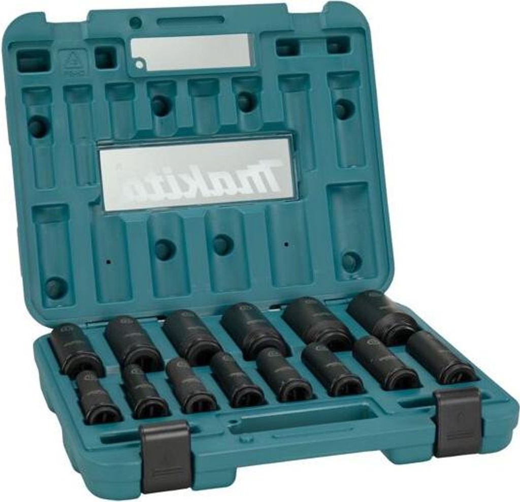 A teal toolbox with a set of black sockets inside.