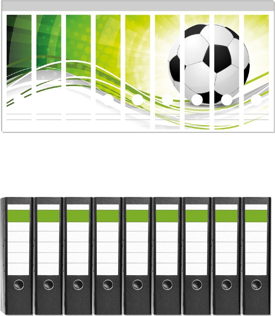 Wallario 9 Stück breite Ordner inkl. Klebeetiketten mit Motive Fußball - grün weiße Wellen Muster - Set mit Rückenschildern / Ordnerrücken St...