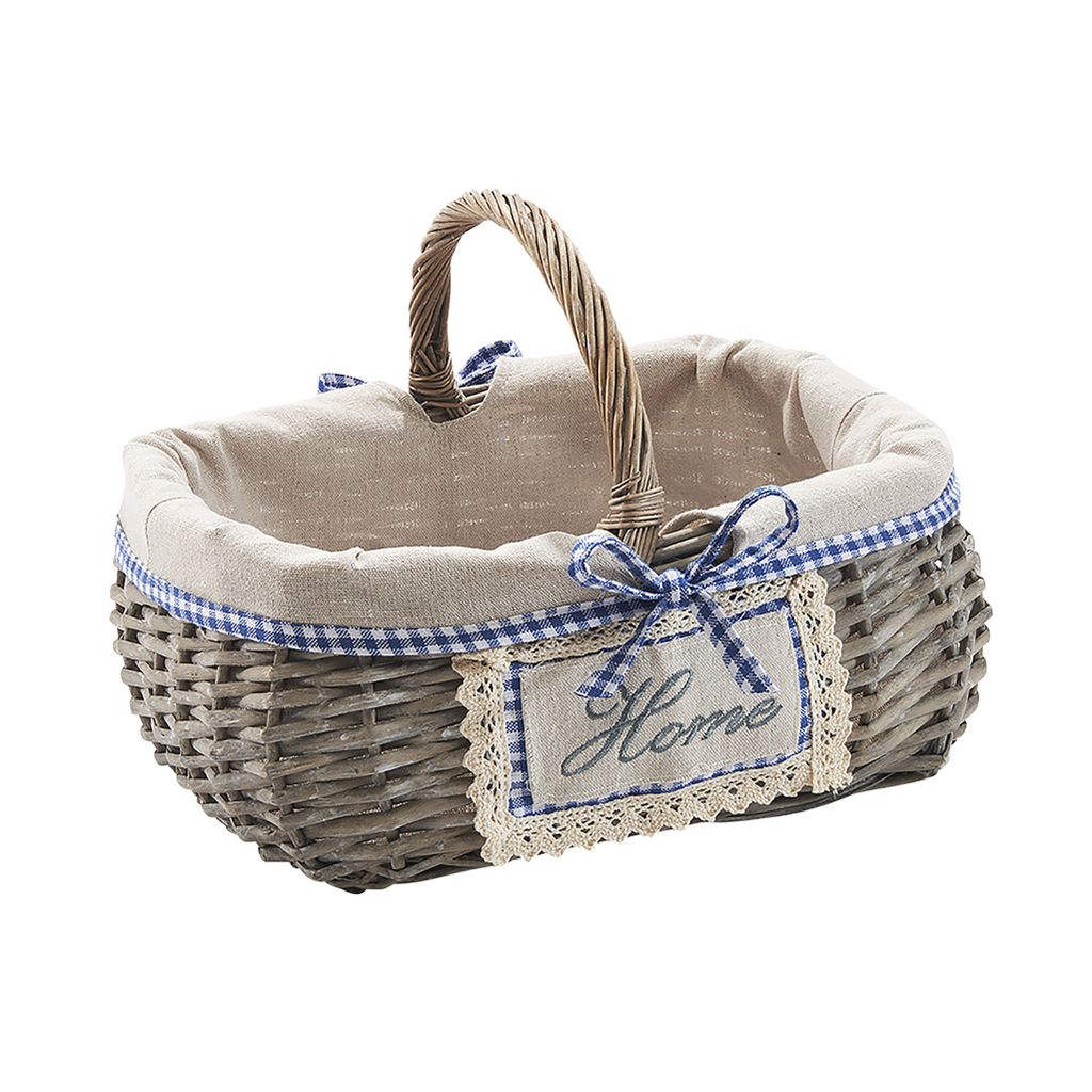 A decorative wicker basket with a fabric lining and a handle, featuring a blue and white checkered ribbon and a label with the word "Home".