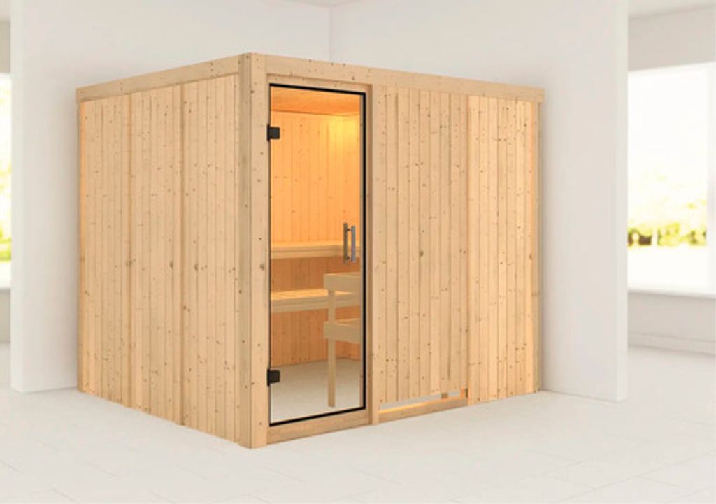 Elementsauna Karibu Gobina ohne Ofen und Dachkranz mit Ganzglastüre aus Klarglas
