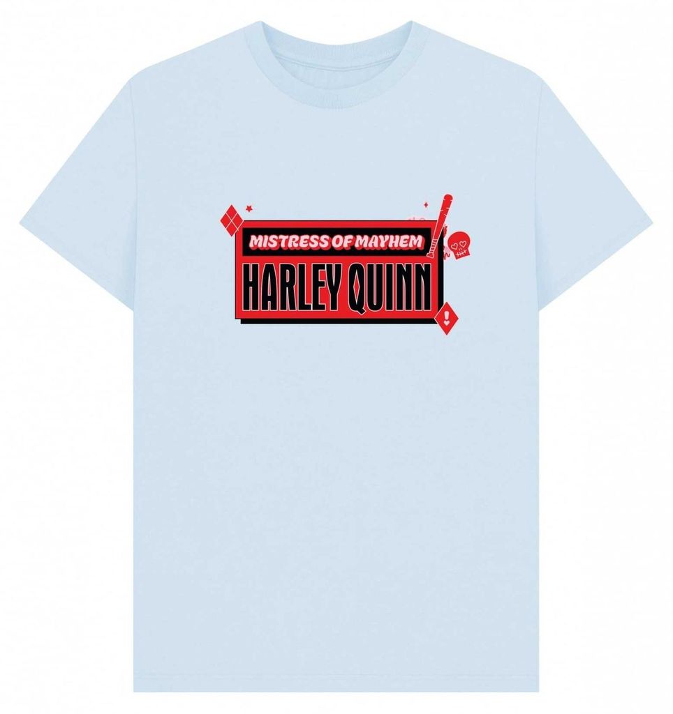 Harley Quinn - "Mistress Of Mayhem Villain" T-Shirt für Herren/Damen Uni PN2256 (S) (Himmelblau)