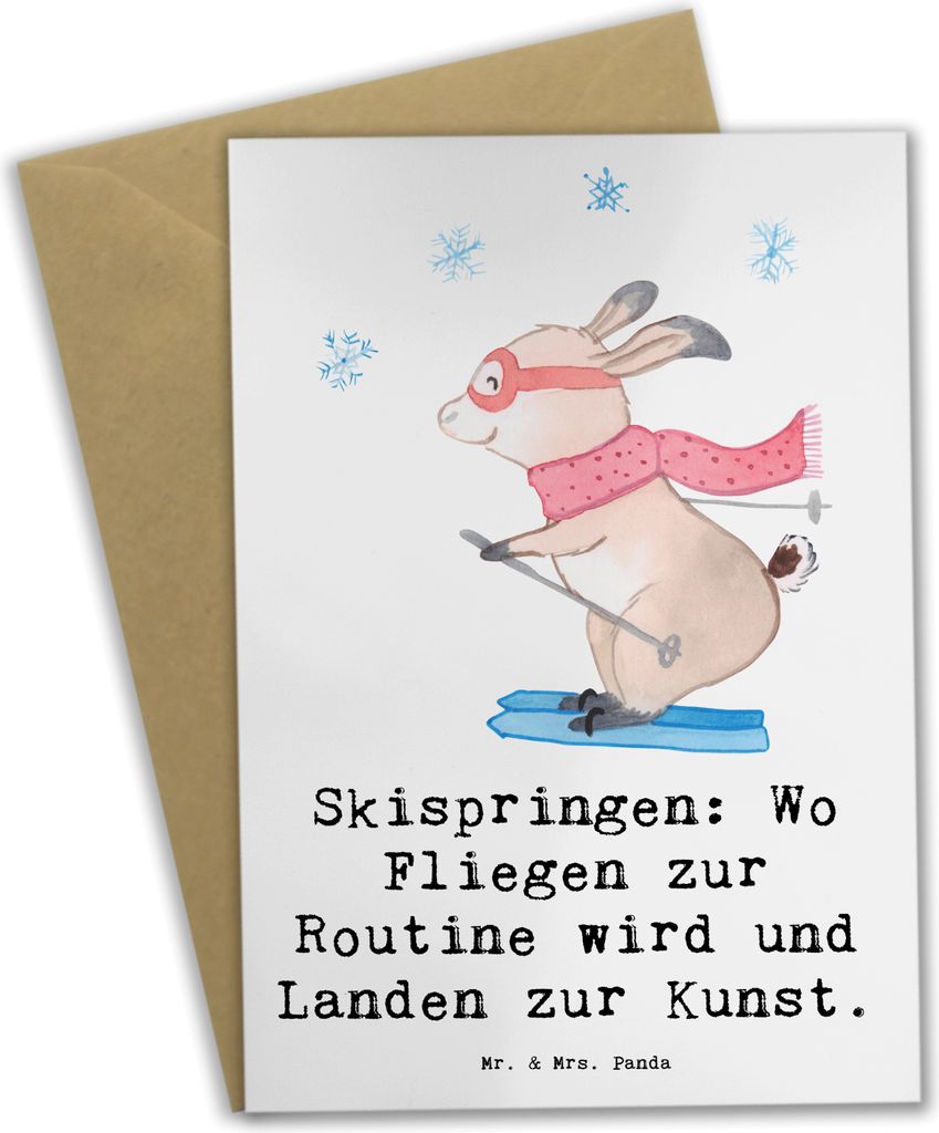 Mr. & Mrs. Panda Glückwunschkarte Skispringen Kunstflug - Weiß - Geschenk, Wintersport, Grußkarte, Sportler Geschenke, Flug, Sportart, Sprungtec...