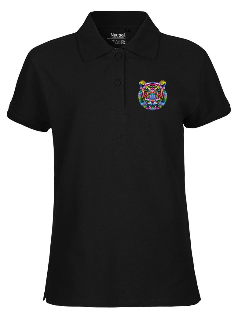 Huuraa Damen Polo Shirt Tiger Kopf Colorful XXL Black Bio Baumwolle Fairtrade Poloshirt Geschenkidee