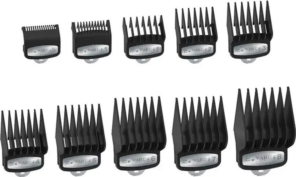 A set of black hair clipper guards arranged in two rows on a white background.
