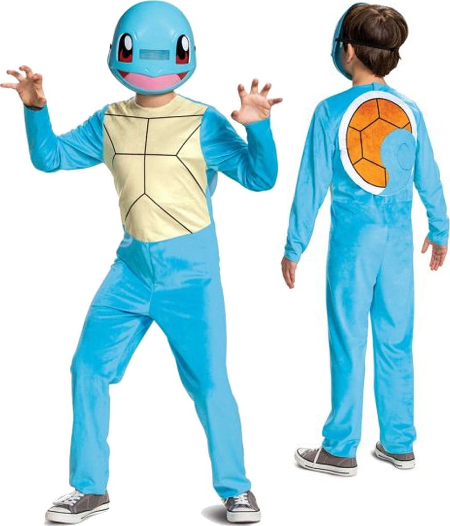 A child wearing a blue Squirtle costume, shown from the front and back.