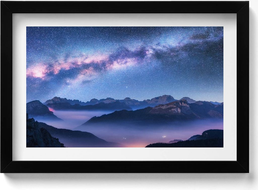 Sternenhimmel über den Bergen– Wandbild mit Rahmen – Gerahmtes Bild – Wanddekoration – 30x20 cm – Schwarz Rahmen