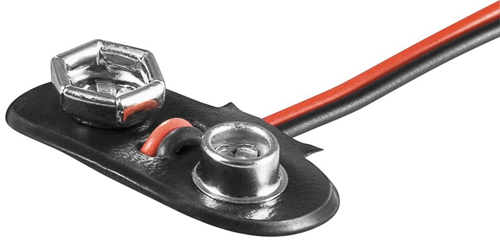 A close-up shot of a 9V battery connector with red and black wires.