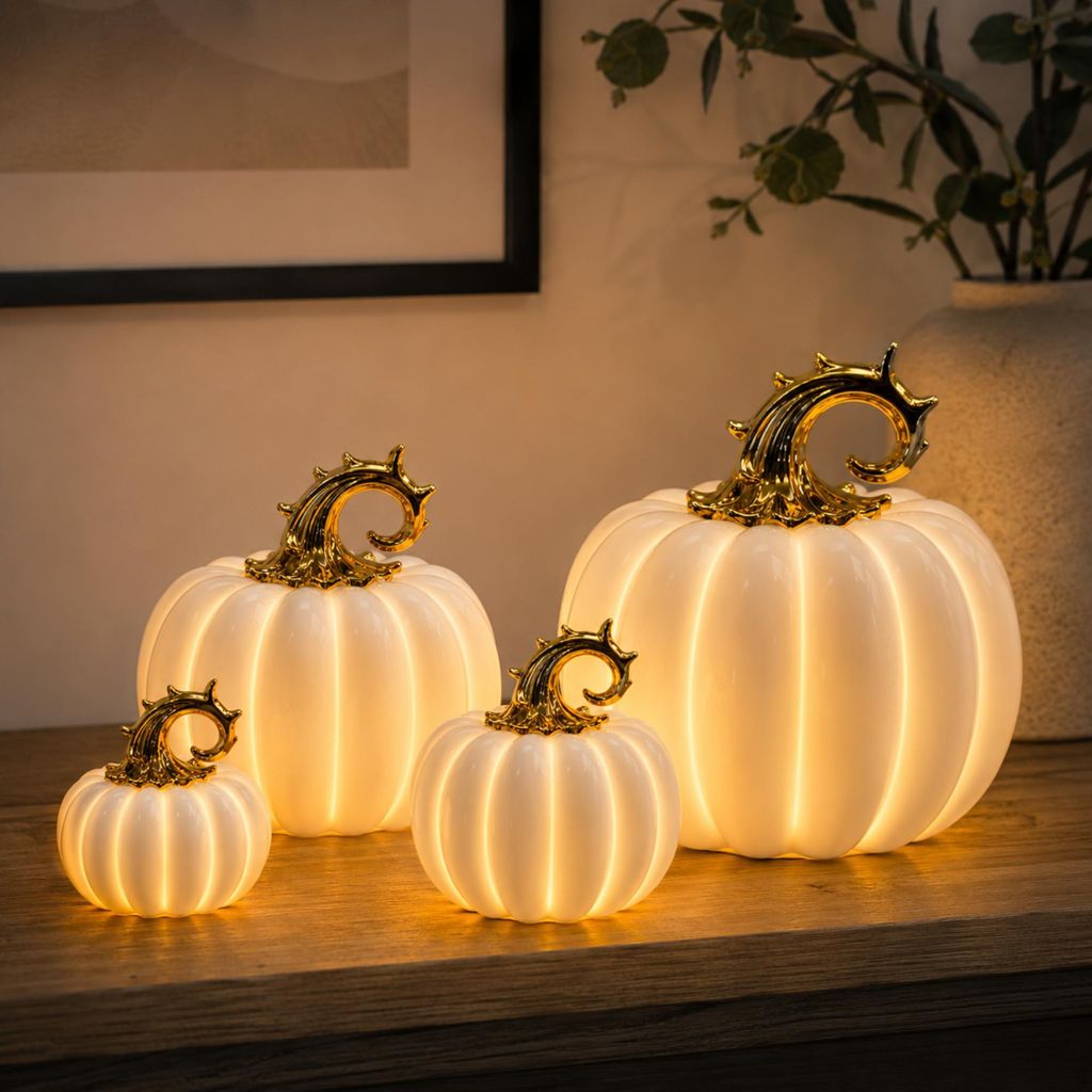 LED Porzellan Kürbis Weiß Gold Mittel Herbstdeko Warmweiß Produktbild 