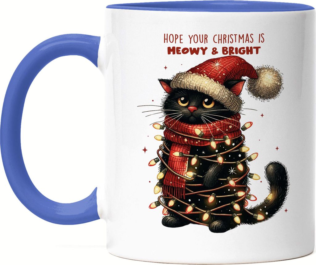 Hope Your Christmas Is Meowy Bright Lustiges Katzenmotiv Tasse Blau Geschenkidee witziges Design Weihnachten