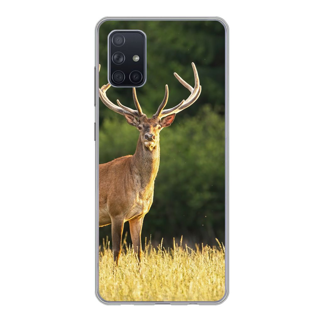 MuchoWow Handyhülle Schutzhülle Hülle für Samsung Galaxy A71 Hirsch - Geweih - Gras - Natur - Tiere - Grün Silikon Softcase Handy Hülle - K...
