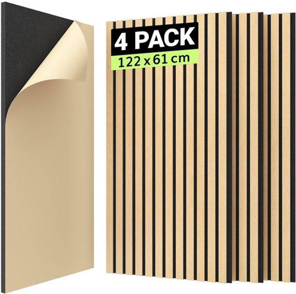 Tonor akoestische Wände WOOD 3D houten panelen 122 x 61 x 2,1 cm, eichenfarben, selbstklebend, 4 Stück, geläuteisolierte Wände für Studio und ...