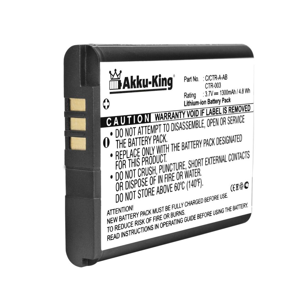Akku-King 20108548, Akku, Schwarz, Weiß, Nintendo 3DS, N3DS, CTR-003, C/CTR-A-AB, CS-CTR003SL, Lithium-Ion (Li-Ion), 1300 mAh, 4,81 Wh