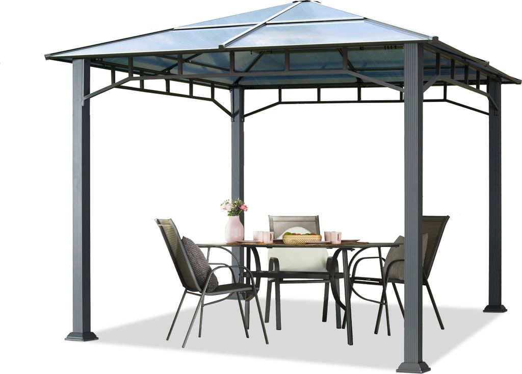 A gazebo with a table and chairs set up inside, on a white background.