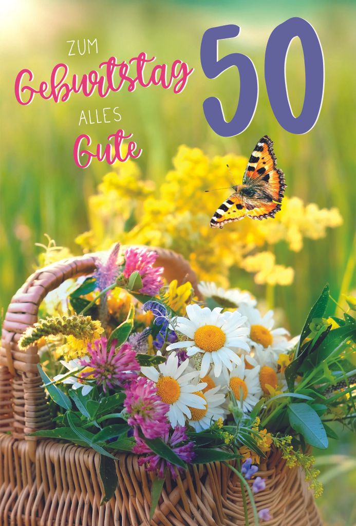 50. Geburtstag Sommer auf dem Land Alles Gute Blumenkorb Glückwunschkarte mit Umschlag