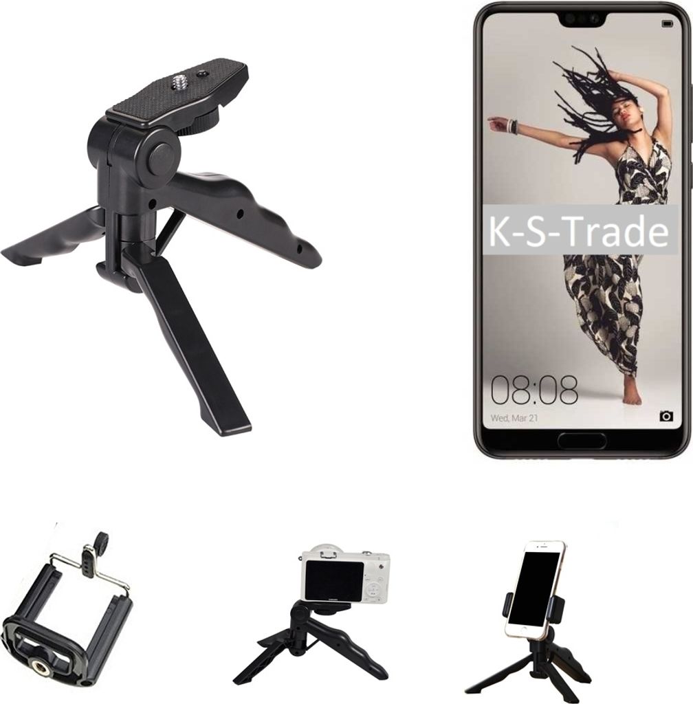 K-S-Trade Stativ Tisch-Ständer Dreibein Handy-Stativ Ständer kompatibel mit Huawei P20 Pro Single-SIM Mini-Stativ Smartphone Tripod Handy-Stativ aus