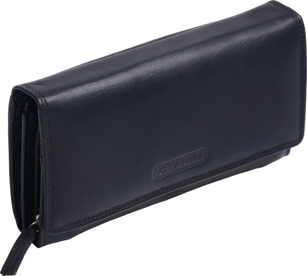 Klassische Leder Reißverschluss-Damenbörse schwarz Langbörse mit vielen Fächern