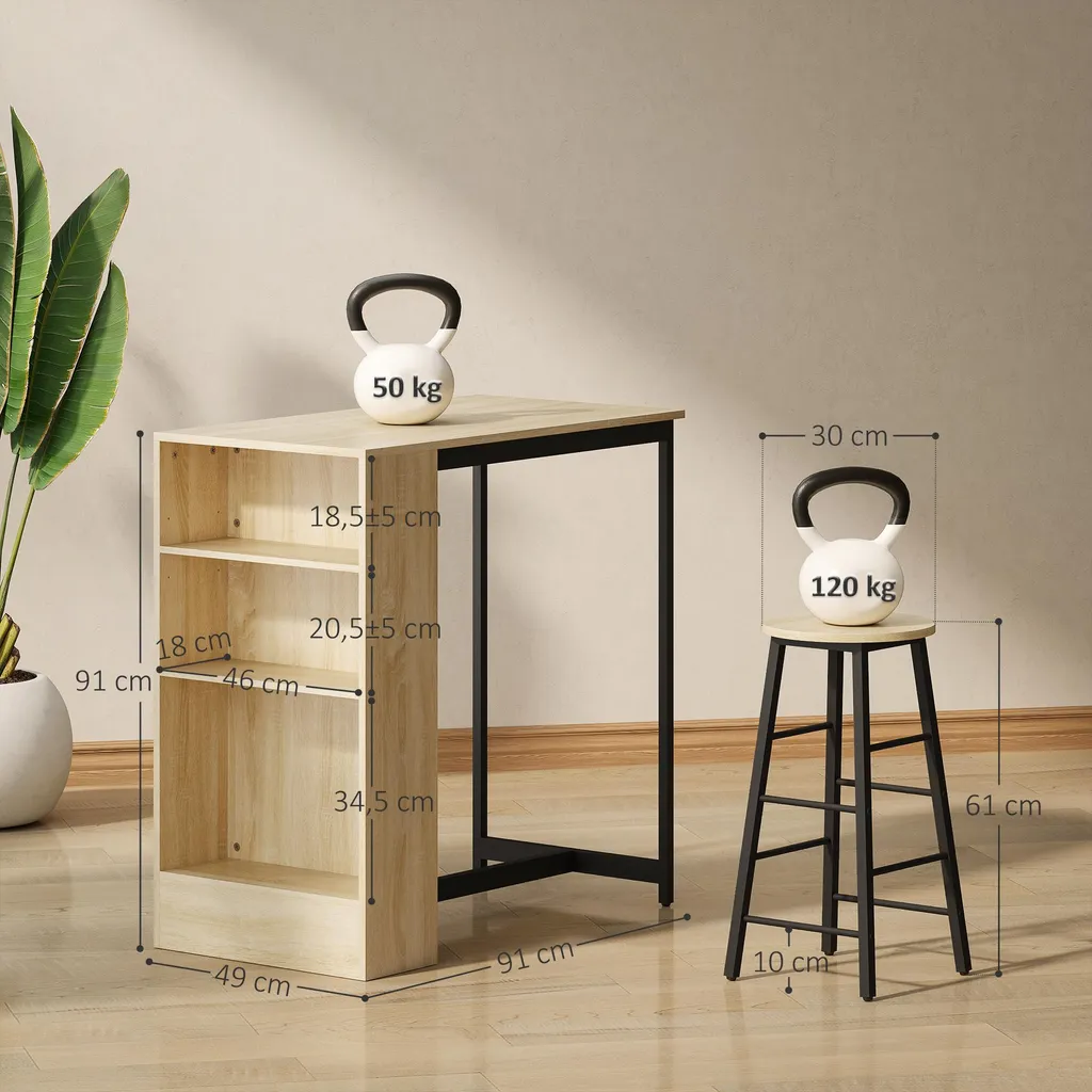 Mange-Debout avec 2 Tabourets et Compartiments de Rangement, Bois et Noir - 5