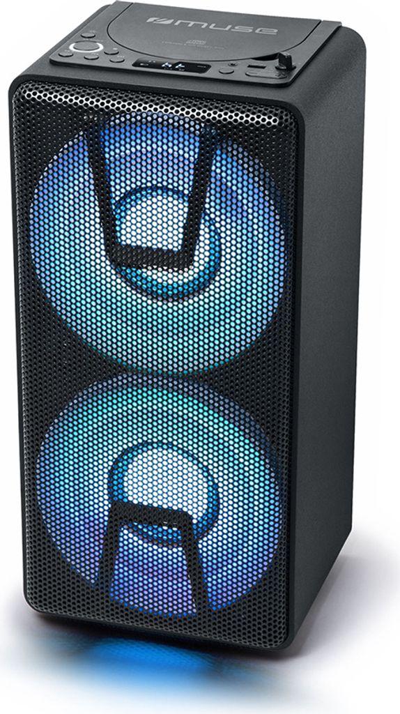 A black portable stereo system with illuminated blue and cyan speakers.